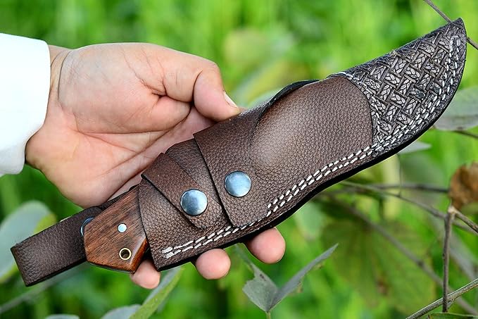 Horizontal Carry Knife, Handmade Full Tang Bushcraft Knife with Comfortable Grip, Hunting Knife with Leather Sheath, Stainless Steel Fixed Blade Knife for Men