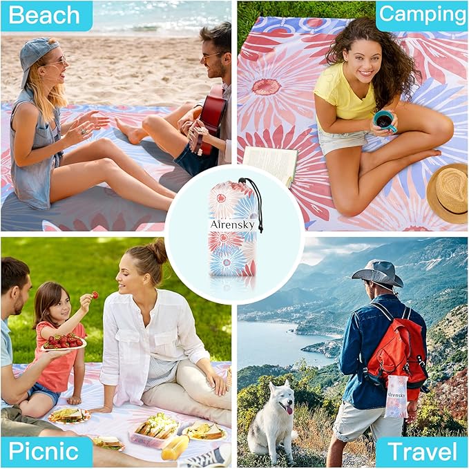 Airensky Beach Blanket, Sandproof Beach Mat 79" X 82" for 4-7 Adults, Large Waterproof Beach Blanket Lightweight Outdoor Blanket with 4 Stakes Beach Essential for Camping Travel Vacation(Pink Flowers)