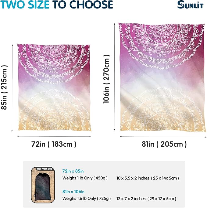 Sunlit Silky Soft 85"x72" Boho Sand Proof Beach Blanket Sand Proof Mat with Corner Pockets and Mesh Bag for Beach Party, Travel, Camping and Outdoor Music Festival, Orange Purple Mandala