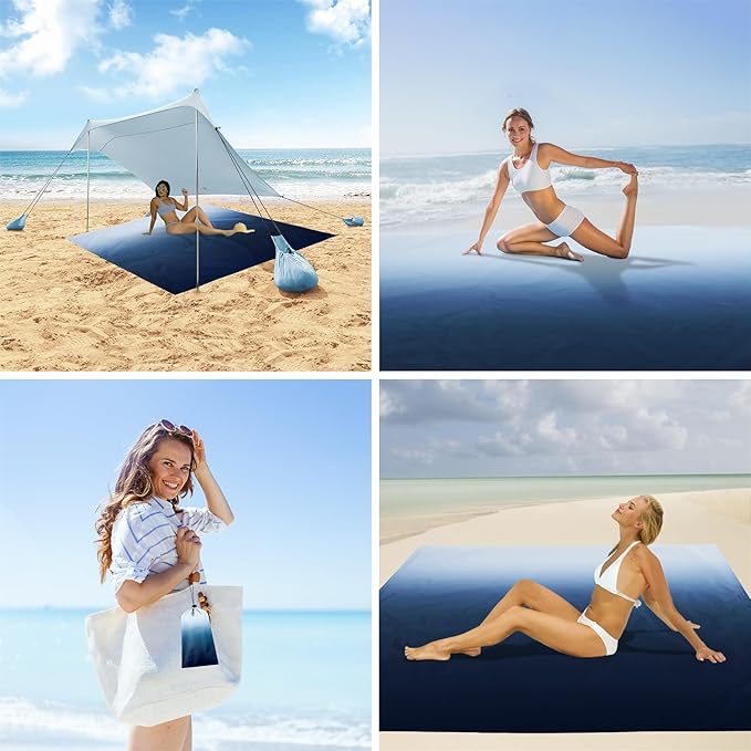 Extra Large Beach Blanket Waterproof Sandproof, Blue-White Gradient Beach Mat Oversized for 1-8 Person, Sand Free Quick Dry Polyester Outdoor Picnic Blanket for Travel, Camping, Hiking