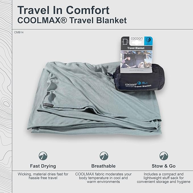 COCOON - Coolmax Travel Blanket | Compact Throw Blanket for Camping and Hiking | Fits in Backpack | Attaches to Luggage | Travel Essential | Fast Drying (Regular 70" x 55")