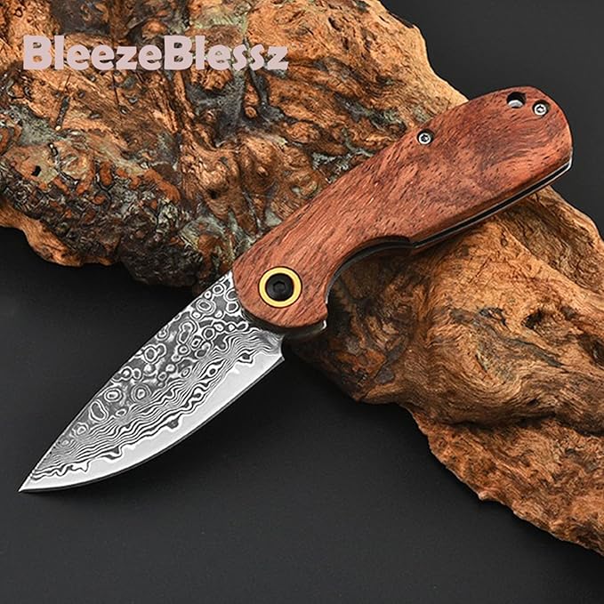 EDC Folding Pocket Knife, Men's and Women's Mini Pocket Knife, 6.1" Damascus Knife, Wood Handle, Sharp Camping Hiking Knife