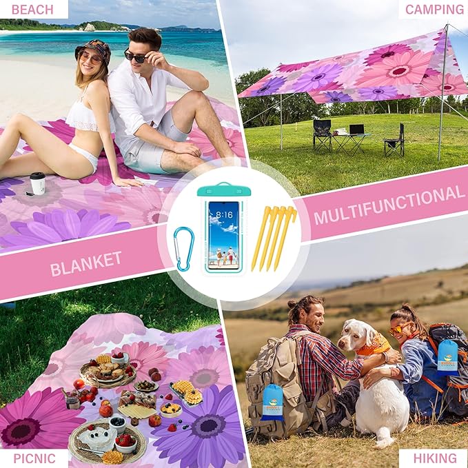 BYDOLL Beach Blanket Sandproof Waterproof 78''×81'' 1-4 Adults Compact Lightweight Oversized Beach Blanket Large Picnic Mat Beach Blanket for Travel Camping Hiking Picnic