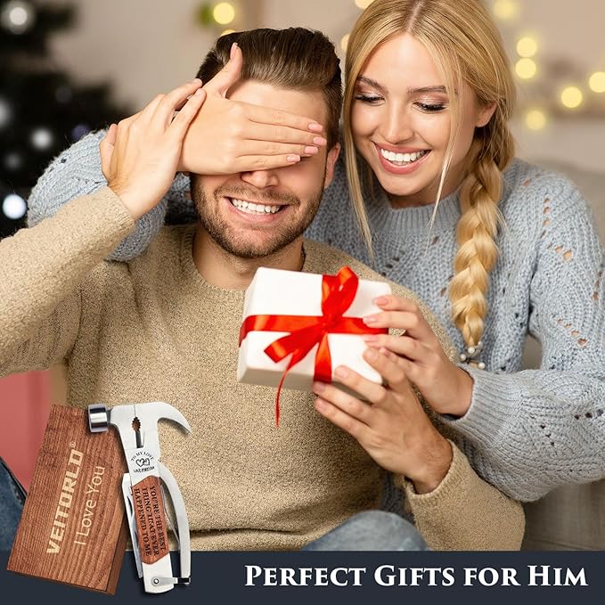 Gifts for Men Him, Anniversary Birthday Gifts for Him Boyfriend Husband, All in One Survival Tools Small Hammer Multitool with Engraved Wooden Box, Cool Gadgets Camping Hunting Present
