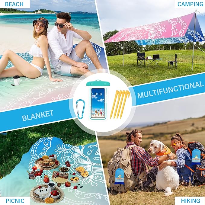 BYDOLL Beach Blanket Sandproof Waterproof 78''×81'' 1-4 Adults Compact Lightweight Oversized Beach Blanket Large Picnic Mat Beach Blanket for Travel Camping Hiking Picnic