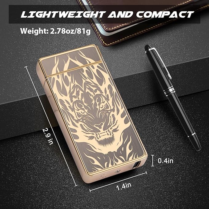 LcFun Plasma Lighter Type C Rechargeable Windproof Lighter USB Electric Lighter Flameless Dual Arc Lighter Electronic Cool Lighters for Candle, Incense Stick, Outdoor Camping (Gold Tiger)
