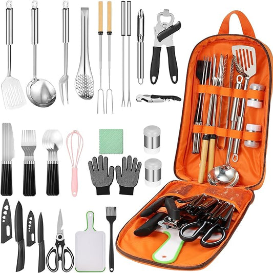 Camping Cooking Utensils Set - 33Pcs/45Pcs Camping Cooking Set Car Camping Essentials Gear for Camp Kitchen Cooking and Grilling, Ideal Gift for RV Tent Camper, Picnics, BBQs