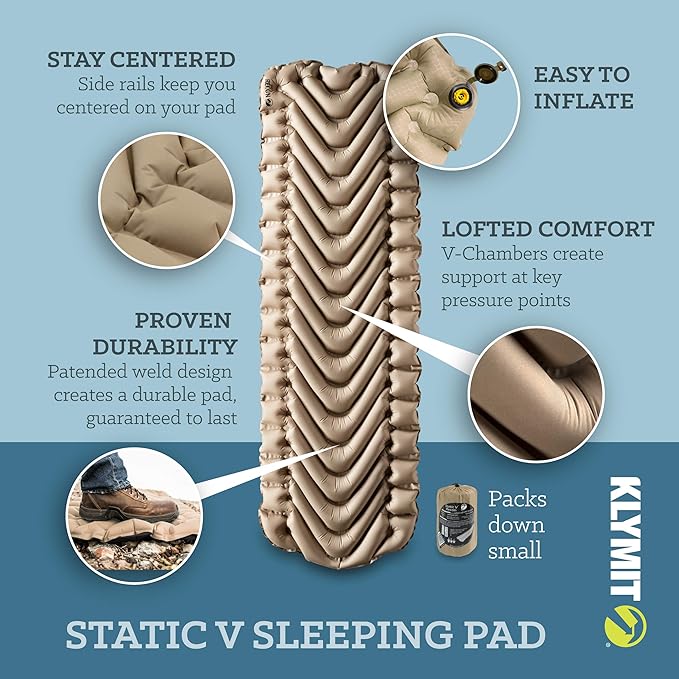 Klymit Static V Inflatable Sleeping Pad for Camping, Lightweight Hiking and Backpacking Air Bed, 3 Inch Thick, Coyote Sand