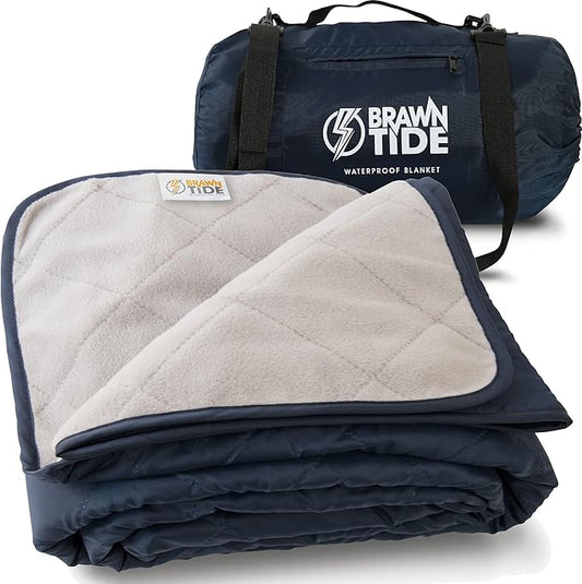 BRAWNTIDE Large Outdoor Waterproof Blanket - Quilted, Extra Thick Fleece, Warm, Windproof, Sandproof, Includes Stuff Sack, Shoulder Strap, Ideal for Beaches, Picnics, Camping, Stadiums, Dogs, Car