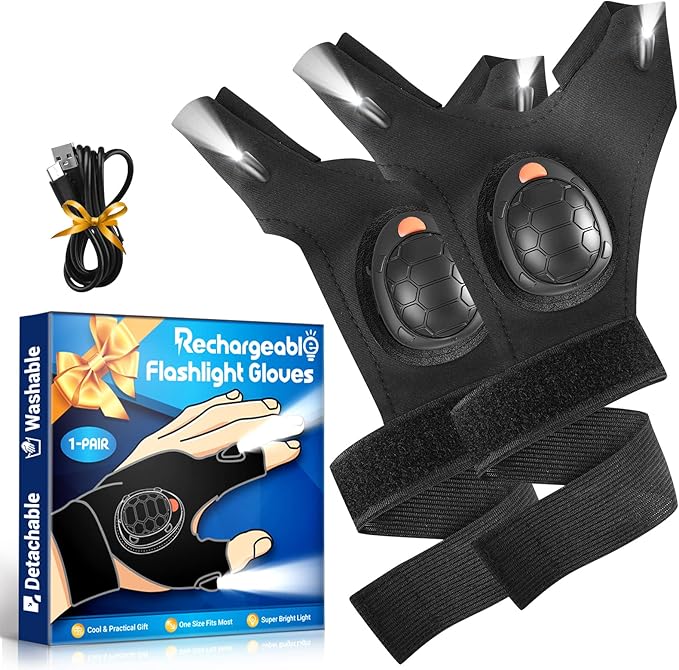 LED Flashlight Gloves with Waterproof Lights - Rechargeable Finger Light Stocking Stuffers for Men Dad Husband Cool Gadgets Tool Fishing Camping Unique Christmas Gifts for Men Who Have Everything
