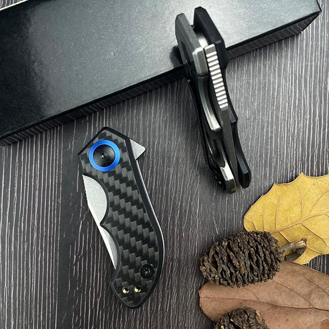 Mini Flipper Pocket knife,Small EDC folding Knife with Pocket clip,1.89 Inch Premium D2 Steel Blade,Carbon Fiber Front and Stonewashed Titanium Back Handle,Gifts for Men Women(0022)