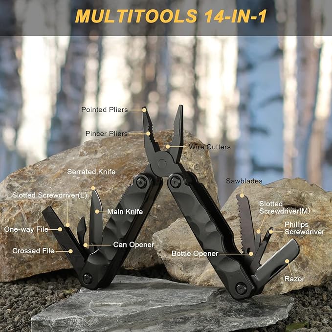 Rock Pocket Multitool for Camping, Gifts for Men 14-in-1 Solid Multi Tools with Knife Plier, Great Grip Safety Locking Design Survival Tools & Simple Repair Tool