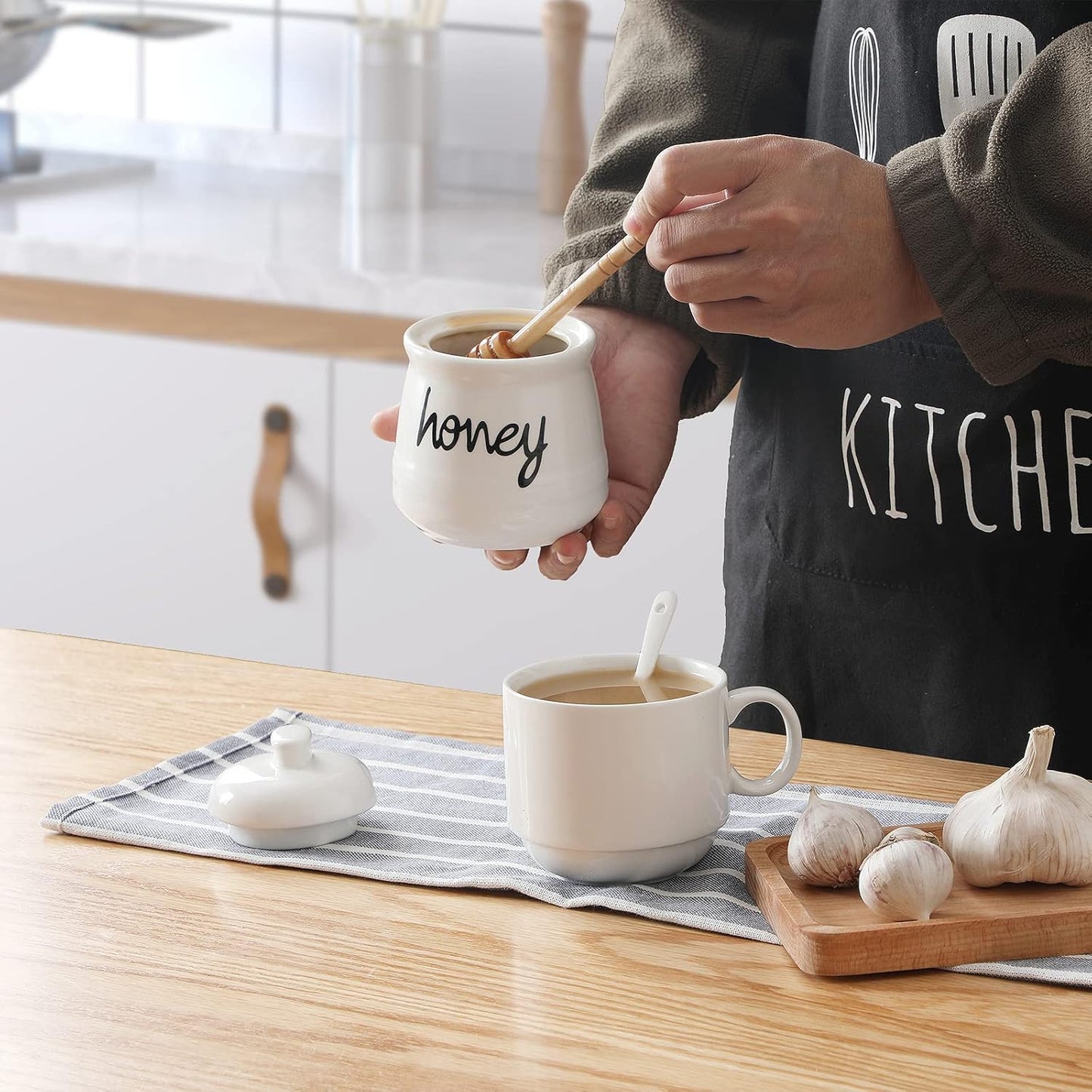 12 oz Honey Jar with Dipper and Lid, Ceramic Honey Pot, White