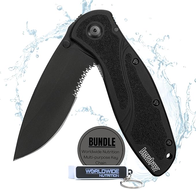 Worldwide Nutrition Bundle: Kershaw Blur Black Serrated Folding Knife - 3.4” 14C28N Steel Blade, Reversible Pocket Clip, EDC - All-Black Body with Trac-Tec Grip - 3.9OZ Pocket Knife for Men