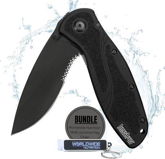 Worldwide Nutrition Bundle: Kershaw Blur Black Serrated Folding Knife - 3.4” 14C28N Steel Blade, Reversible Pocket Clip, EDC - All-Black Body with Trac-Tec Grip - 3.9OZ Pocket Knife for Men