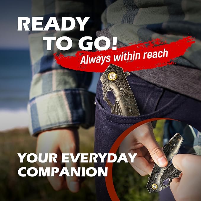 Mini Katana Premium & Unique Damascus Pocket Knife - Unmatched Sharpness 67-layer VG10 Steel & Durability with Clip Leather Sheath - Ideal for Everyday Use & Hunting