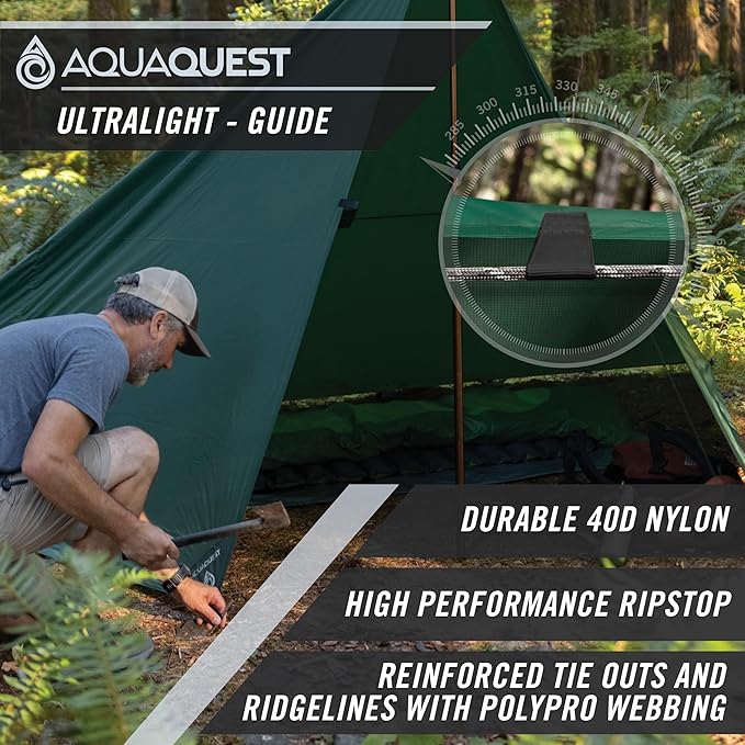 AquaQuest Guide Camping Tarp - Ultralight Tent Cover or Rain Fly - Waterproof Camping Gear Must Haves for Hiking, Hammock, Bivy & Survival, 10 x 7 ft, Forester Green