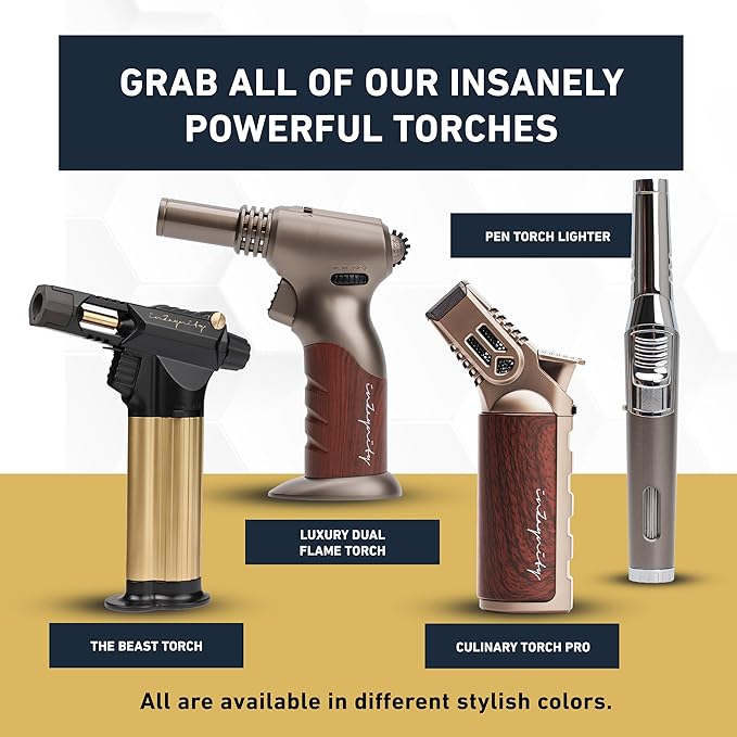 Pen Torch Lighter - Refillable Single Flame Butane Torch Lighter for Candle, & Cooking w/Adjustable Flame & Ignition Lock - Luxurious Handheld Camping Lighter & Gift Box by inZaynity - Grey & Steel