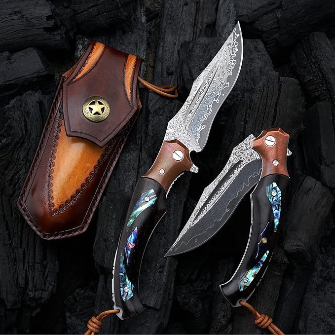 handmade japanese vg10 damascus steel folding knife with ebony lined lock handle, 5.5 "with leather sheath, edc pocket knife, men's outdoor camping fishing