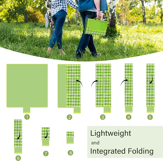 YU FENG Green Picnic Blanket Gingham Foldable Camping Blankets Waterproof Sandproof Outdoor Beach Mat Lightweight Handbag Spring Summer (60x80 inch)