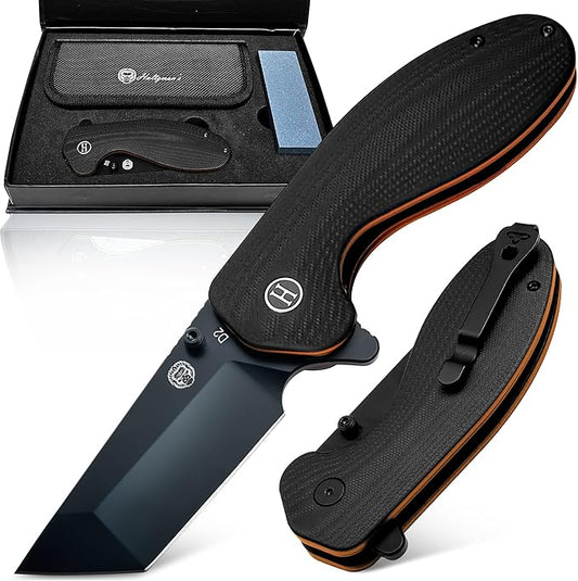 Holtzman's Gorilla Survival Folding Knife D2 Steel Blade G10 Handle Pocket Knife EDC Giftset for Men and Women (black blade + black/orange liner)