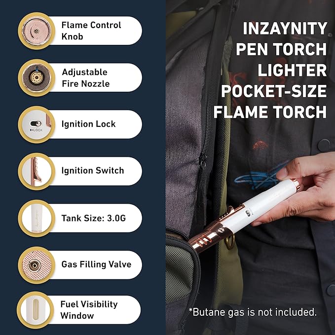 Pen Torch Lighter - Refillable Single Flame Butane Torch Lighter for Candle, & Cooking w/Adjustable Flame & Ignition Lock - Luxurious Handheld Camping Lighter & Gift Box by inZaynity - White & Gold