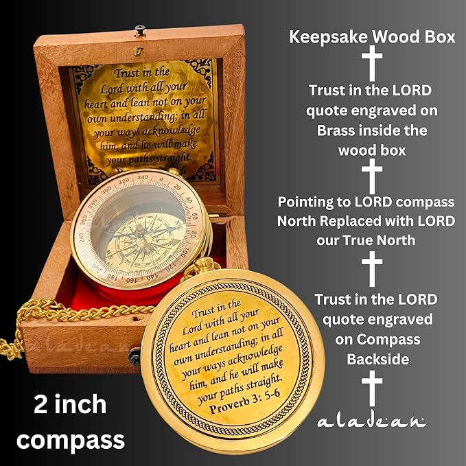 Trust in The Lord - Proverbs 3: 5-6 Engraved Compass, Wood Box Greeting, Inspirational Gift Men, Christian Boys Baptism Gifts, Graduation Day