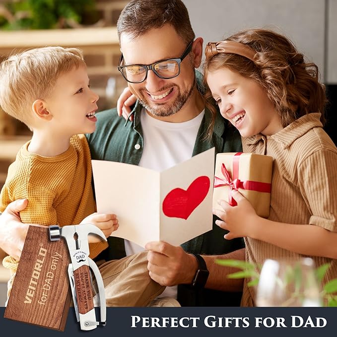 VEITORLD Gifts for Dad from Daughter Son Kids, Unique Birthday Gift Ideas for Men Stepdad Papa, All in One Tools Hammer Multitool with Engraved Wooden Box, Cool Gadgets(Dad are Hero)