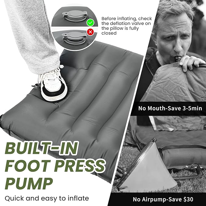 ropoda Upgraded Extra Thickness 6'' Inflatable Sleeping Pad with Pillow, Built-in Foot Pump, 77''*27'' Camping Pad with Carry Bag, Ultralight & Compact Camping Mat Pad for Hiking, Grey