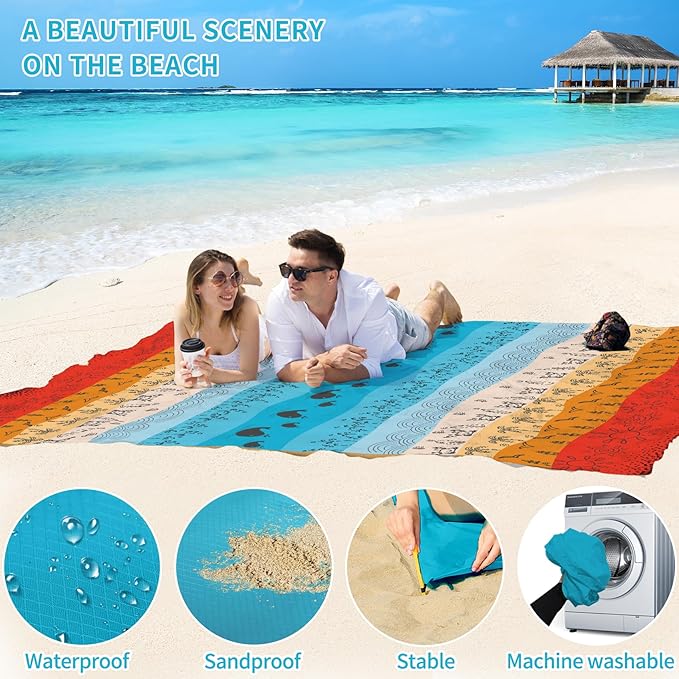 BYDOLL Beach Blanket Sandproof Waterproof 78''×81''1-4 Adults Compact Lightweight Oversized Beach Blanket Large Picnic Mat Beach Blanket for Travel Camping Hiking Picnic