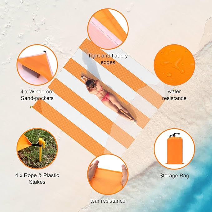 Beach Blanket Sandproof Waterproof, Large Beach Mat Lightweight Portable Quick Drying for Picnic Camping Hiking Travel Beach Accessories (1, Orangewhite, 83x79 Inches)