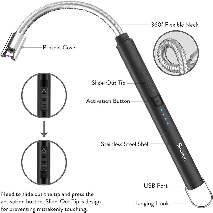 SUPRUS Electric Lighter Candle Lighter USB Type C Rechargeable Lighter Steel Shell & Hanging Hook with 360° Flexible Neck(Black)