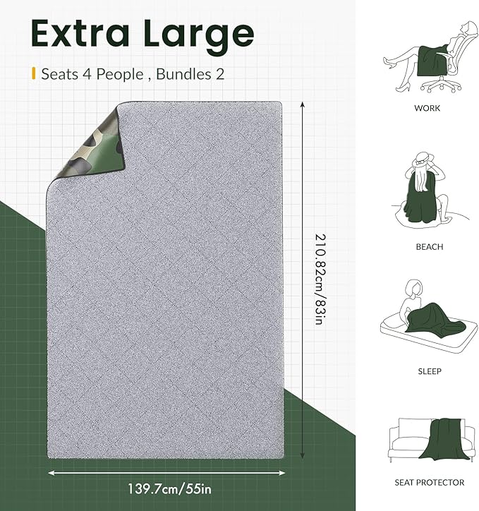 Titanker Outdoor Picnic Blankets, Camping Blanket Waterproof Blanket and Outdoor Pillow 2-in-1, 83''X 55'' Car Blanket with Storage Bag, Stadium Blanket Beach Blanket, Camo Green