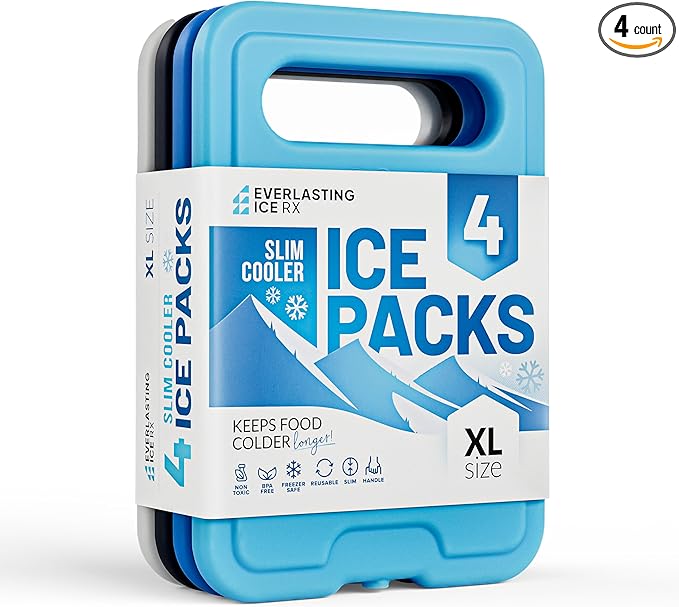 Reusable XL Slim Ice Packs for Lunch Boxes with Handle (4 Pack) BPA Free Freezer Packs | 7.5 x 6.5 in | Long Lasting Ice Pack for Insulated Bags, Picnic, Travel, and More