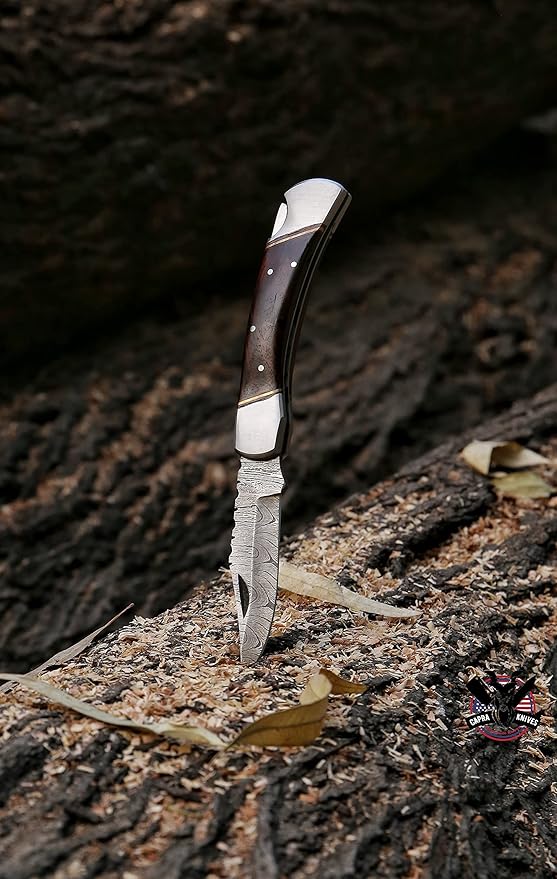 Capra Knives CK-42 Handcrafted Folding Pocket Knife 5” Folded, 9” Long Overall, 8oz Rose Wood Handle, Damascus Blade with Leather Sheath