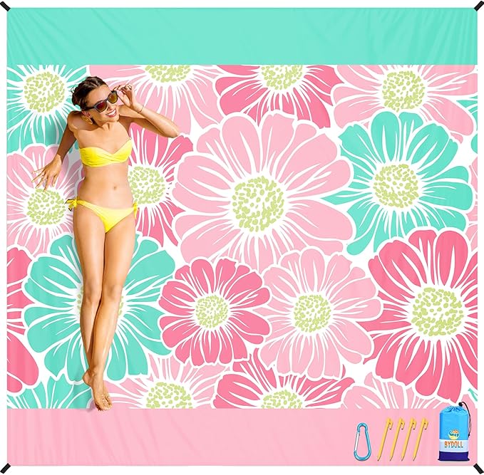 BYDOLL Beach Blanket Sandproof Waterproof Flower 78''×81''1-4 Adults Compact Lightweight Oversized Beach Blanket Large Picnic Mat Beach Blanket for Travel Camping Hiking Picnic