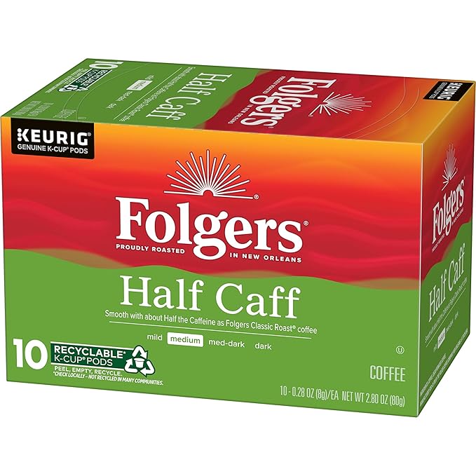 Folgers Half Caff Coffee, Medium Roast, Keurig K-Cup Pods, 10 Count (Pack of 6)