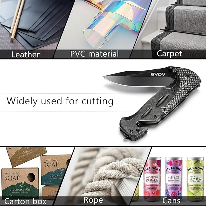 GVDV Utility Pocket Knife with 7Cr17 Stainless Steel - Folding Knife for EDC Outdoor Camping Hunting, Seatbelt Cutter, Glass Breaker for Emergencies, Black