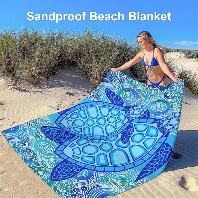 Beach Blanket Waterproof Sandproof, 78''×86'' Large Beach Mat Sand Free with 4 Stakes & Sand Pockets, Lightweight & Compact Foldable Picnic Blanket for Outdoor, Camping Must Have - Ocean Sea Turtle