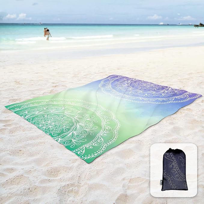 Sunlit Silky Soft 106"x81" Boho Sand Proof Beach Blanket Sand Proof Mat with Corner Pockets and Mesh Bag for Beach Party, Travel, Camping and Outdoor Music Festival, Blue Violet Sea Green Mandala