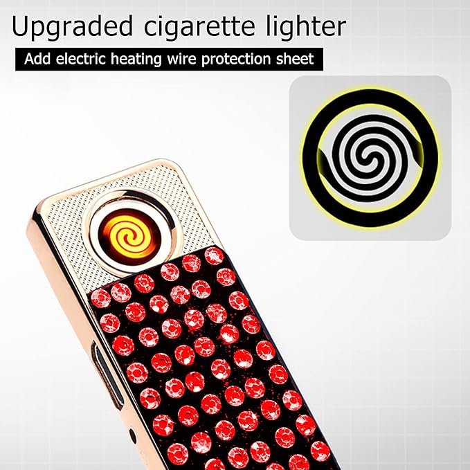 Rhinestone Lighter Electric Lighter Rechargeable Bling Glitter USB Lighter Flameless Girls Lighter for Women (red)