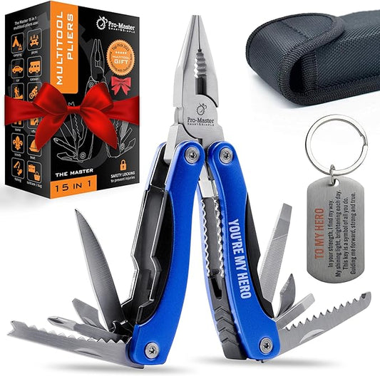 All In One ‘Hero’ Pocket Multitool – 15 in 1 Multi Use Tool with Keyring- Ideal Christmas Gift for Men – Ideal Gift for Dad, Brother or Boyfriend – Hiking, Camping, Survival or Fishing Multitool