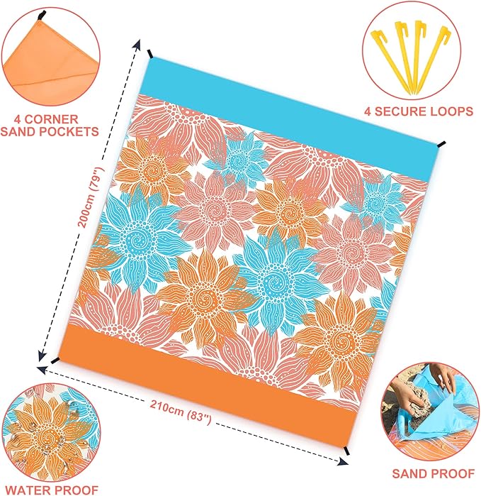 Beach Blanket Sandproof Extra Large Beach Mat Adults Waterproof Quick Drying Sand Free Mat Made by Premium Polyester with 4 Stakes & 4 Corner Pockets for Outdoor Travel Camping Hiking