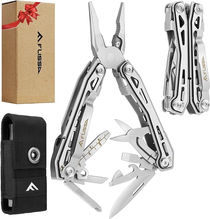 FLISSA 16-in-1 Stainless Steel Multi Tool, EDC Multitool with Pocket Knife, Pliers, Belt Clip and Oxford Sheath, Self-locking Utility Multi-Tool for Camping Survival Outdoor Activities