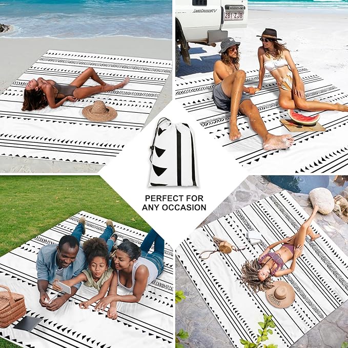 Large Beach Blanket for 1-4 Adults, 78''×86'' Waterproof Sandproof Beach Blankets with 4 Stakes & 4 Corner Pockets, Polyester Lightweight Foldable Outdoor Picnic Mat for Travel, Camping, Hiking