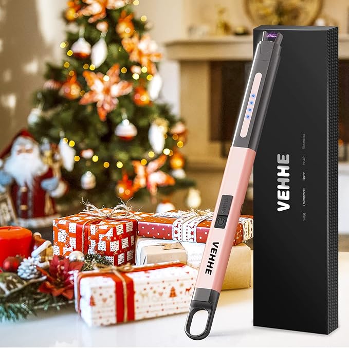 VEHHE Candle Lighter, Electric Lighter Rechargeable with Safety Lock and LED Battery Display, USB Long Lighter for Candle, Windproof & Flameless Arc Lighter Rose Gold
