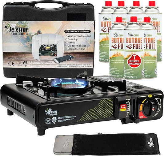 Jo Chef Butane Camping Stove - 9,500 BTU Portable Gas Stove - Ideal for Camping/Road Trips, Outdoor camp Stove Includes Windshield, CSA Certified, Brass Burner Fast Heat Up Time