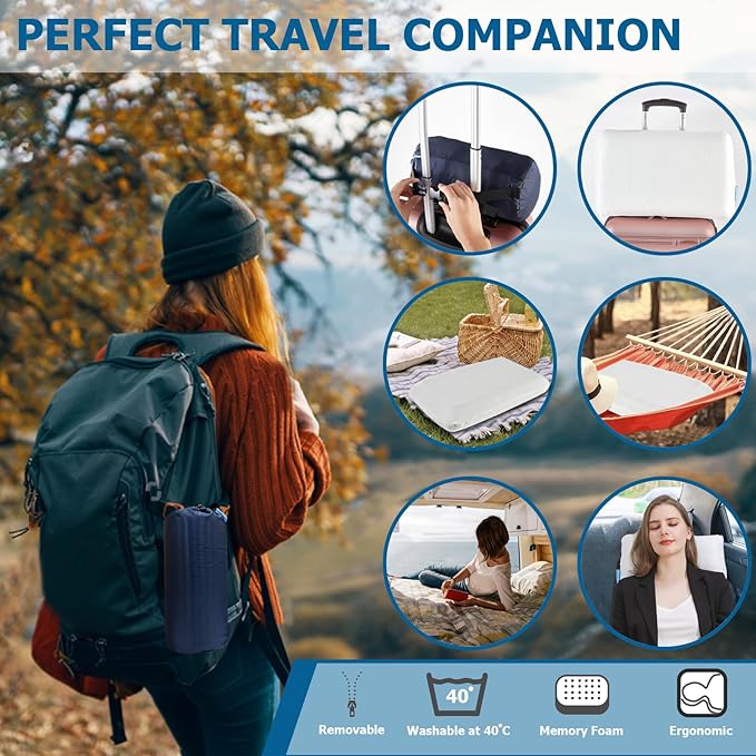 Small Travel Pillow,Memory Foam Travel & Camping Pillow for Adults with Storage Bag,Backpacking, Airplane, Car Travel,Easy to Carry Compact Portable Pillow for Sleeping with Machine Washable Cover