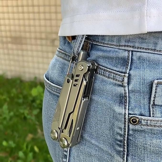 Multitool Pliers with Carabiner - 15-in-1 Keychain Multi tool for Men Replaceable Blades Screwdrivers Pocket Knife Bottle Can Opener File Ruler Scissors Survival Camping Gear Sheath Belt Clip