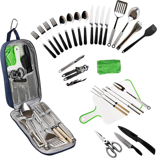 Camp Cooking Utensil Set & Outdoor Kitchen Gear Cookware Kit, Portable Compact Carry Case for Camping, Hiking, Travel, BBQ Grilling Stainless Steel Accessories Spoon & Fork